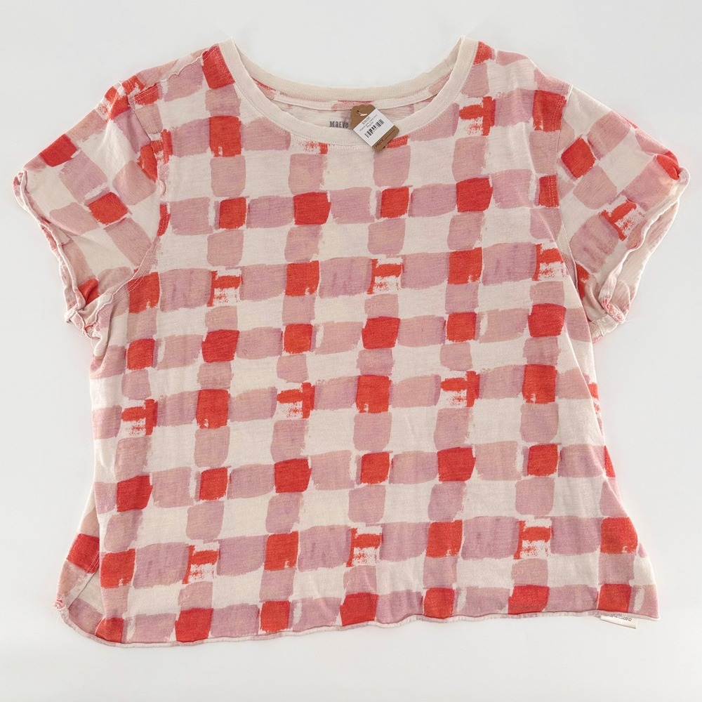 MAEVE Anthropologie Picnic Graphic Tee Extra Large Pink Red Checkered